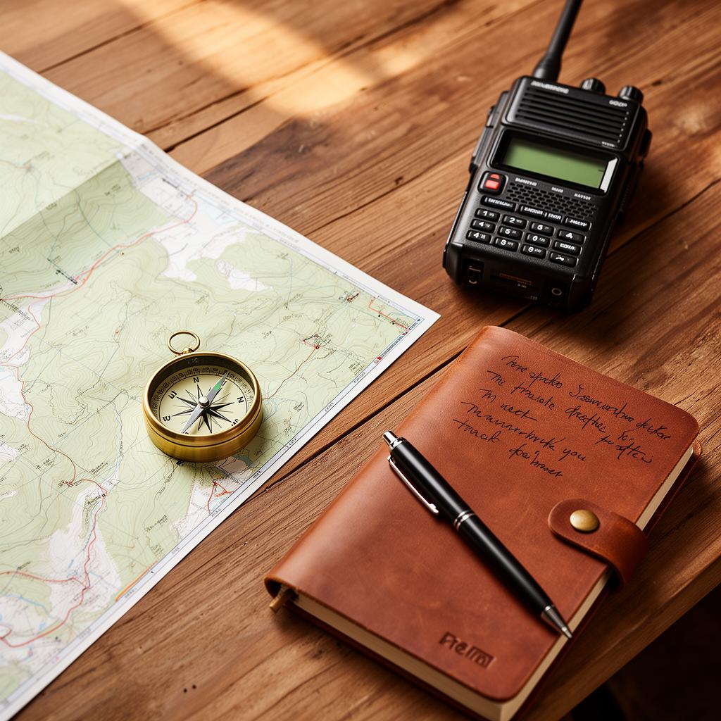 Map, compass, and radio on a planning table