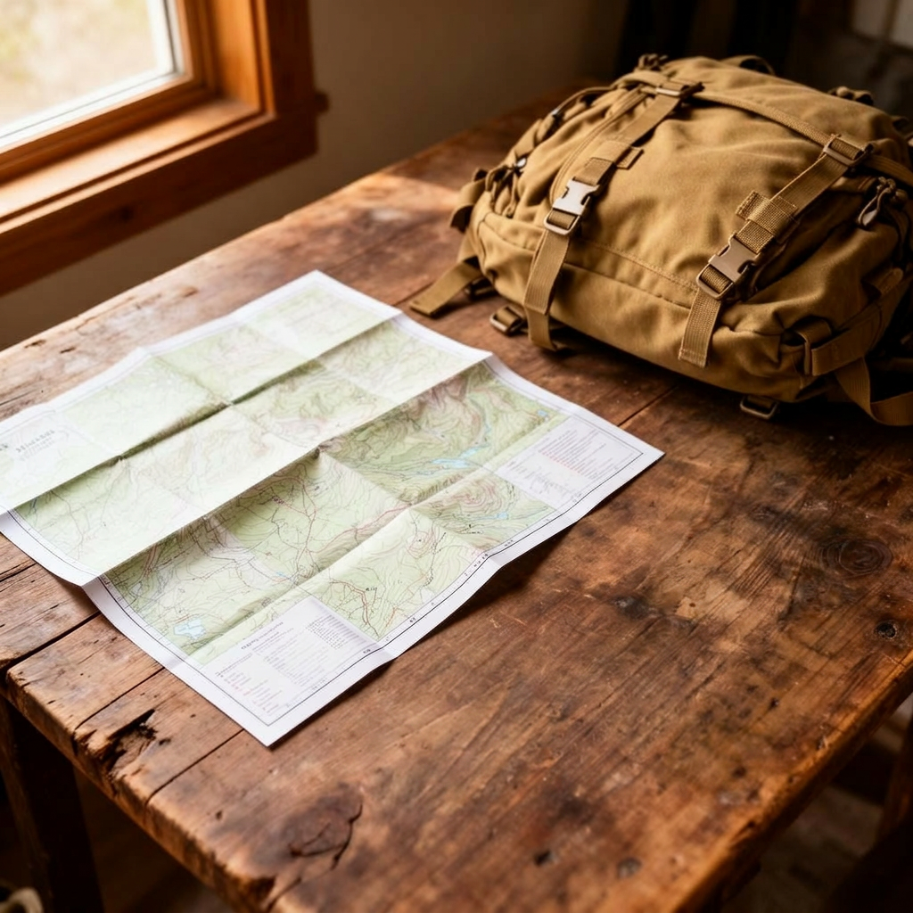Topographic map and backpack laid out on a wooden table